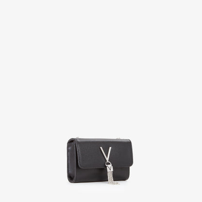 Sac pochette femme noir grainé chaîne argentée pompon
