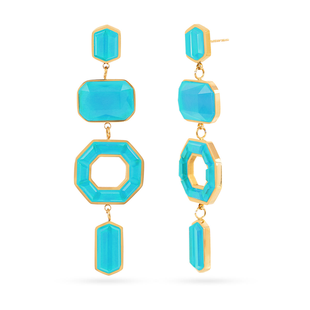 Boucles d'oreilles pendantes femme acier doré pierres turquoise