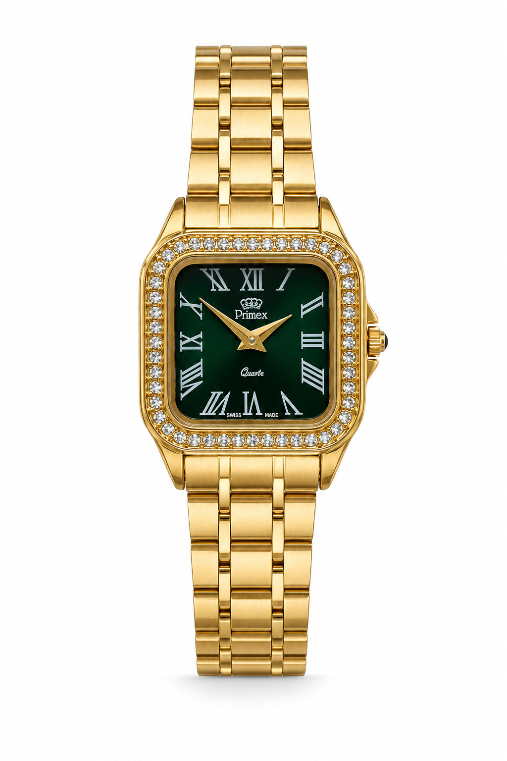 Montre femme dorée cadran vert carrée cristaux Swiss Made
