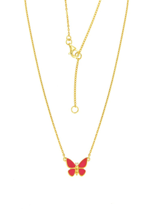 Collier femme argent doré papillon émail rose zirconia