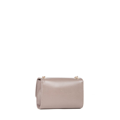Sac femme taupe cuir grainé chaîne dorée pompon