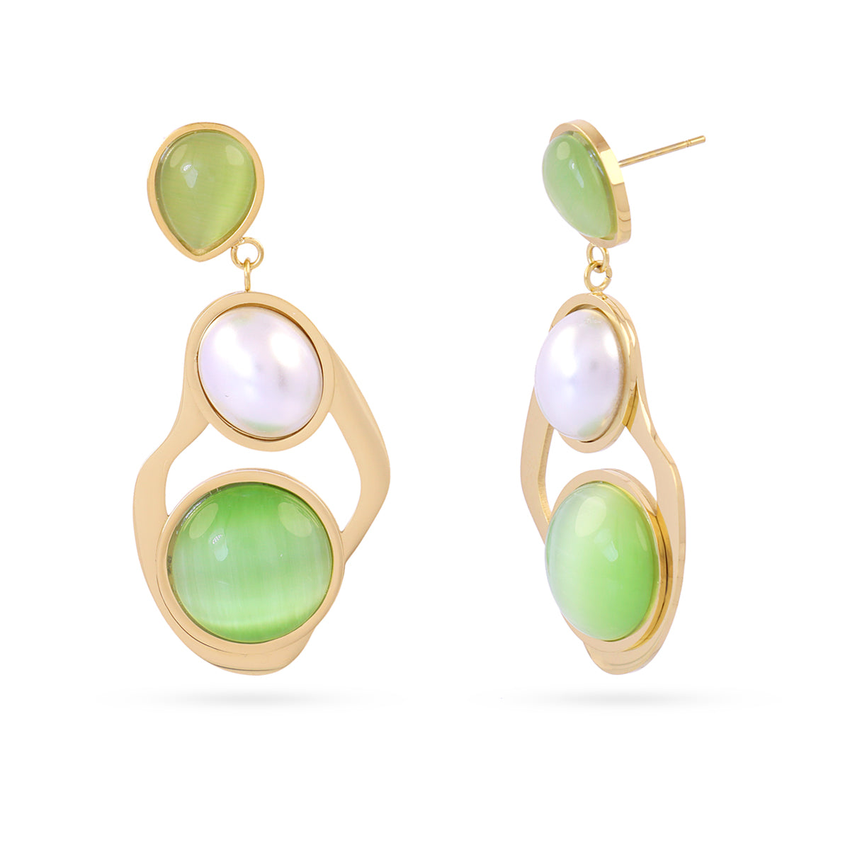 Boucles d'oreilles pendantes femme acier doré pierre verte