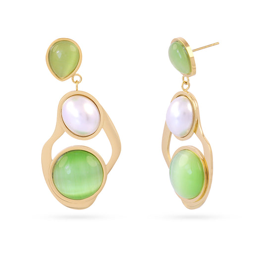 Boucles d'oreilles pendantes femme acier doré pierre verte