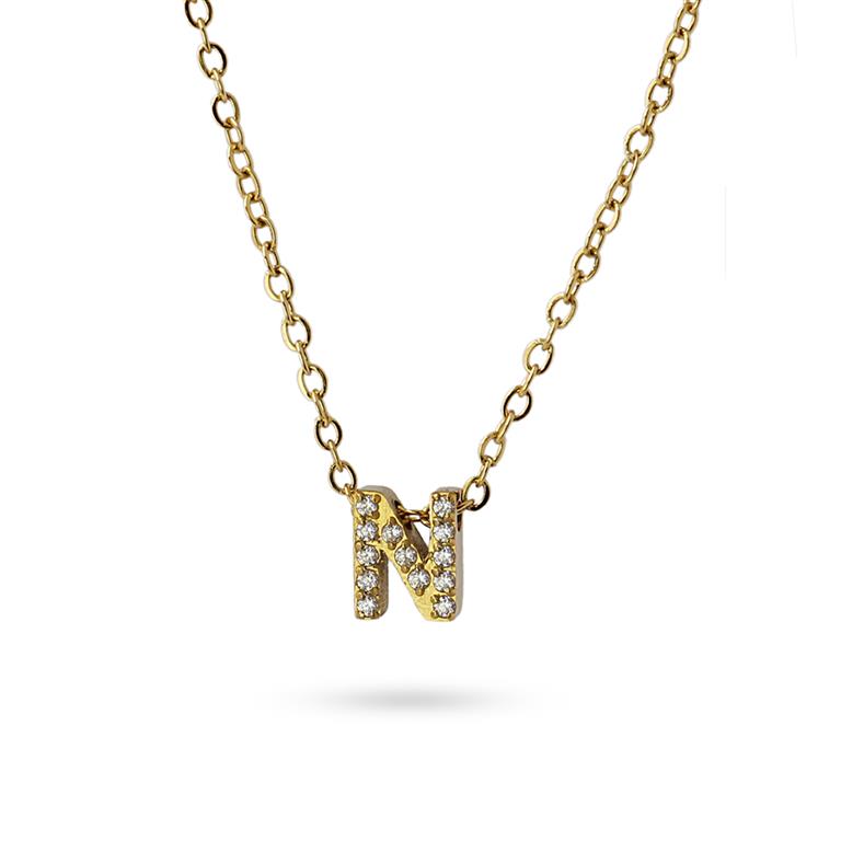 Collier femme acier jaune zirconia initiale lettre N
