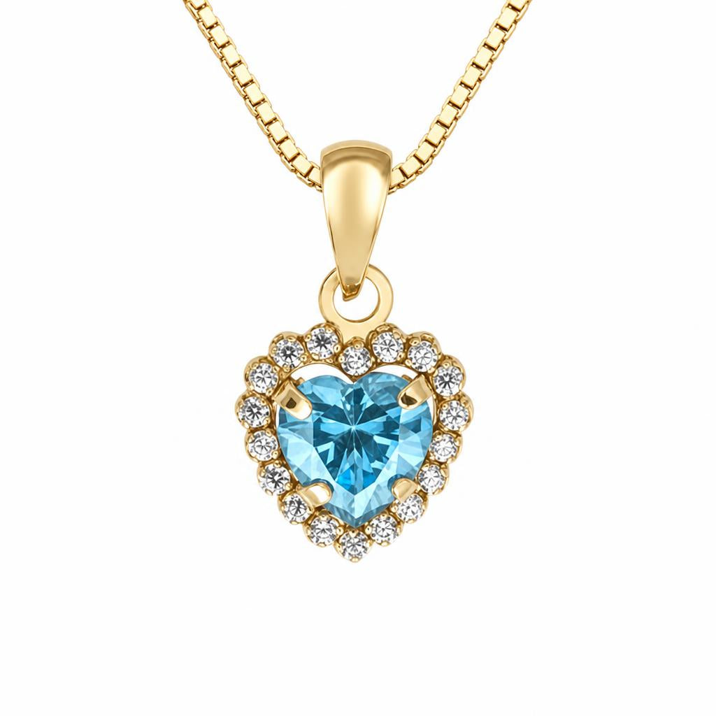 Collier femme or 9 carats cœur aigue-marine et zirconias