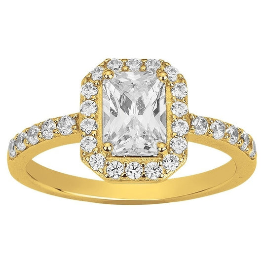 Bague femme plaquée or jaune zirconia halo rectangle