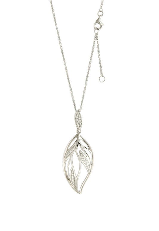 Collier femme argent rhodié pendentif feuille zirconia