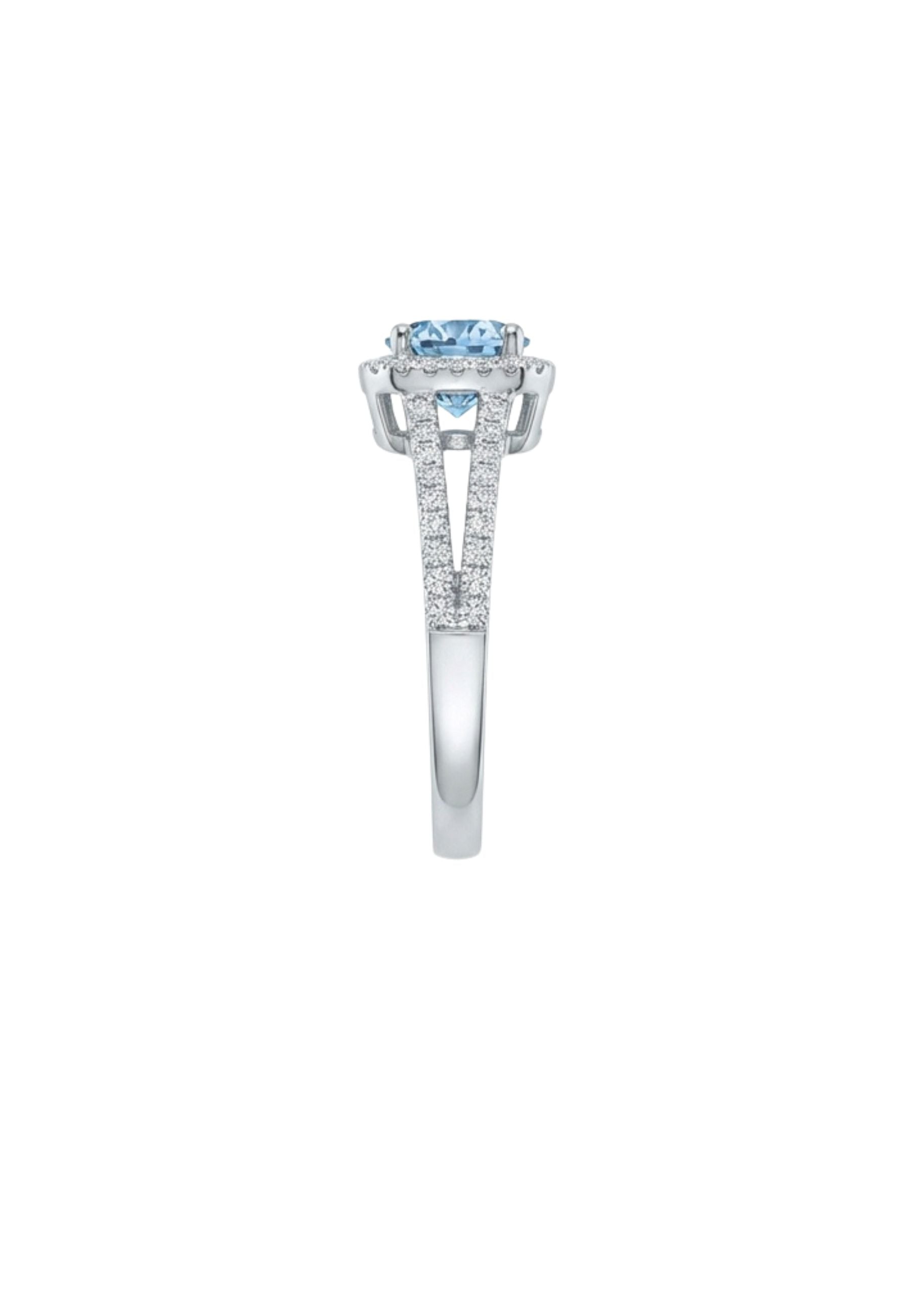 Bague femme argent 925 rhodié topaze bleue halo zirconia