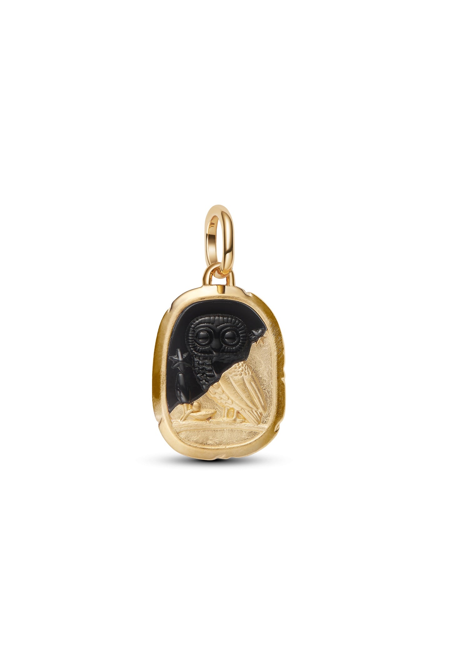 Charm pendentif métal doré médaillon hibou onyx
