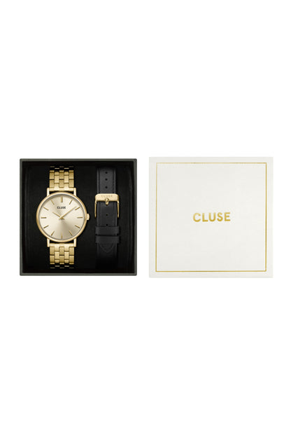 Montre Pavane Petite 2.0 en acier, bracelet en cuir noir et or, couleur or