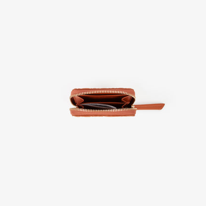 Portemonnaie femme zippé cuir grainé motif logo cognac