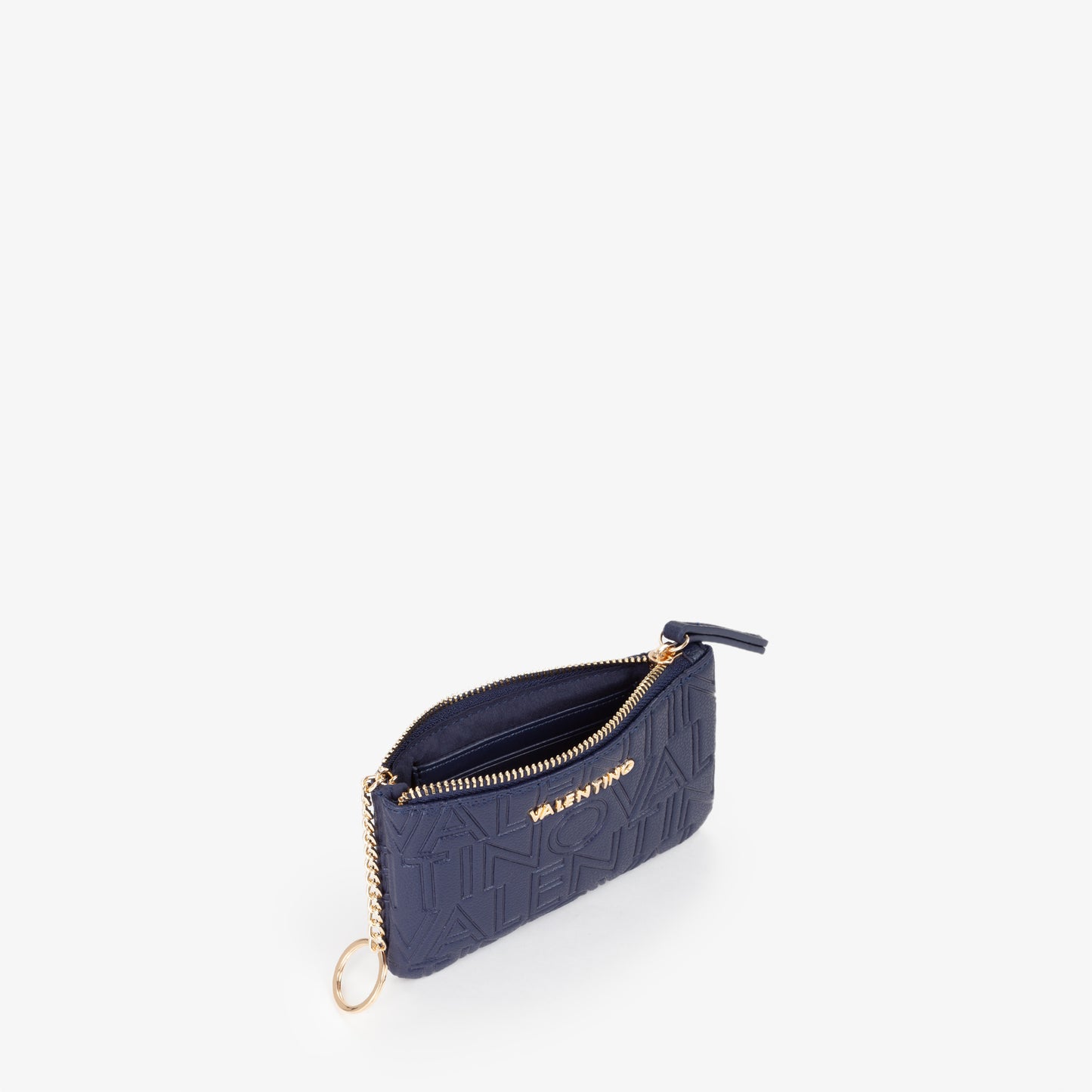 Pochette femme bleu marine logo embossé anneau chaîne doré