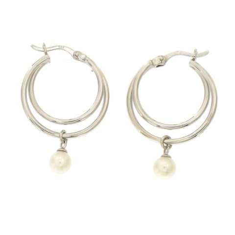 Créoles femme argent rhodié double anneau perle eau douce