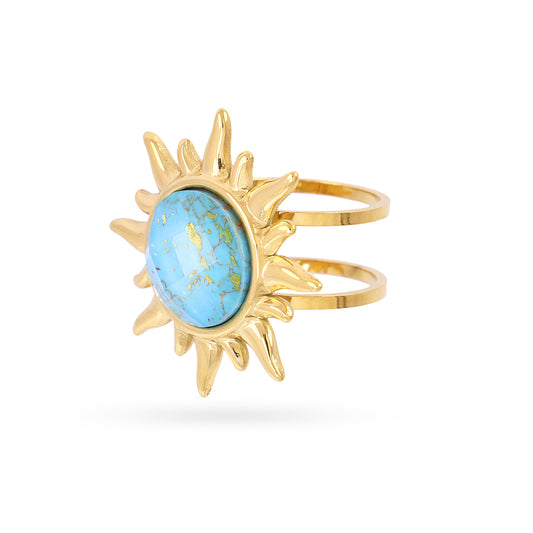 Bague femme acier doré soleil pierre synthétique turquoise