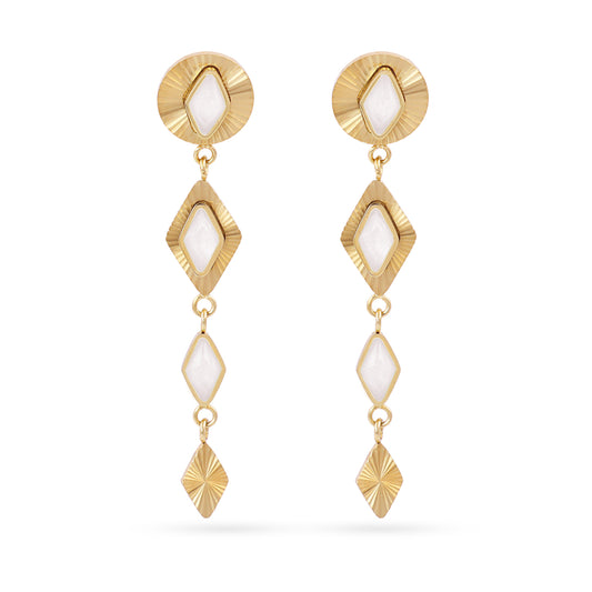 Boucles d'oreilles pendantes femme acier doré pierres blanches