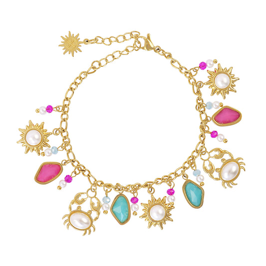 Bracelet femme acier doré charms soleil crabe pierres multicolores