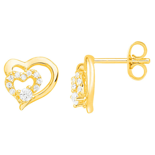 Clous d'oreilles femme plaqué or jaune double cœur zirconia