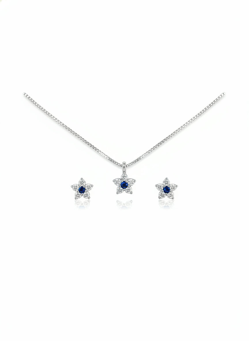 Parure femme argent rhodié fleur zirconia saphir synthétique