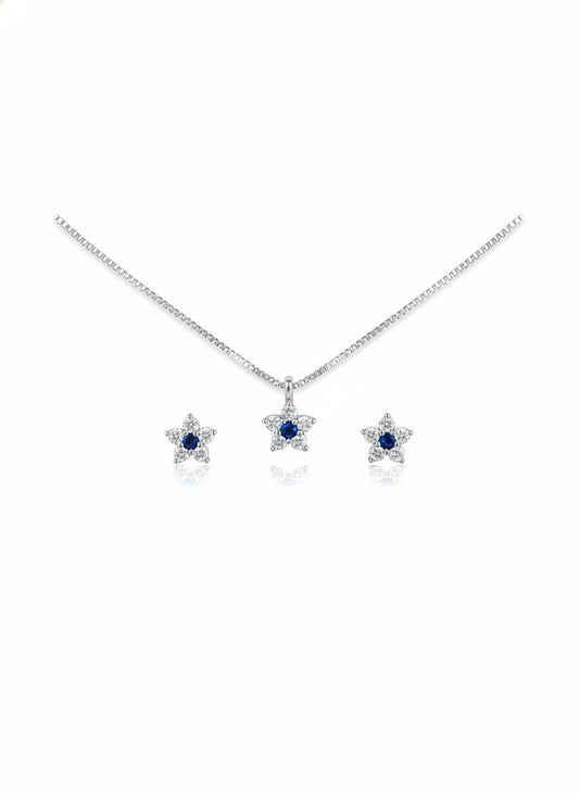 Parure femme argent rhodié fleur zirconia saphir synthétique