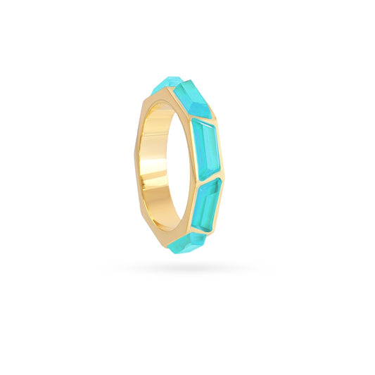 Bague femme acier doré pierres synthétiques turquoise baguette
