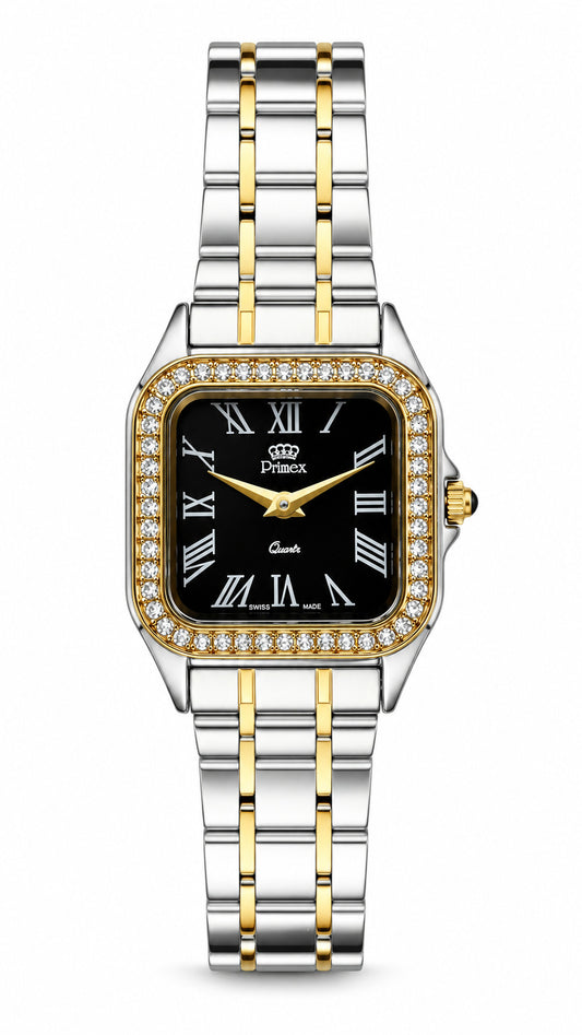 Montre femme bicolore carrée Swiss Made cadran noir