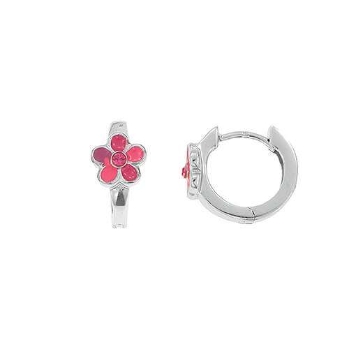 Créoles enfant argent 925 fleur laque rose quartz rose