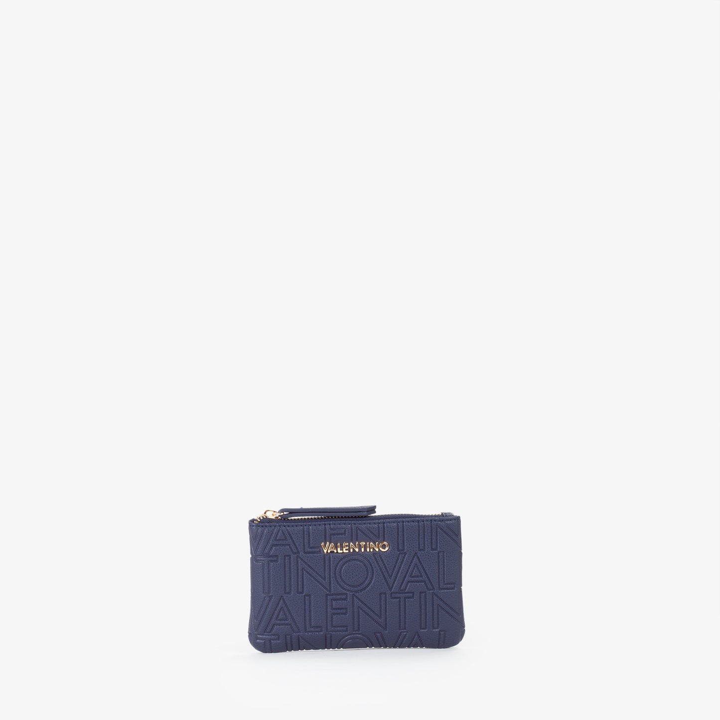 Pochette femme bleu marine logo embossé anneau chaîne doré