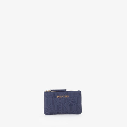 Pochette femme bleu marine logo embossé anneau chaîne doré