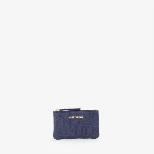 Pochette femme bleu marine logo embossé anneau chaîne doré