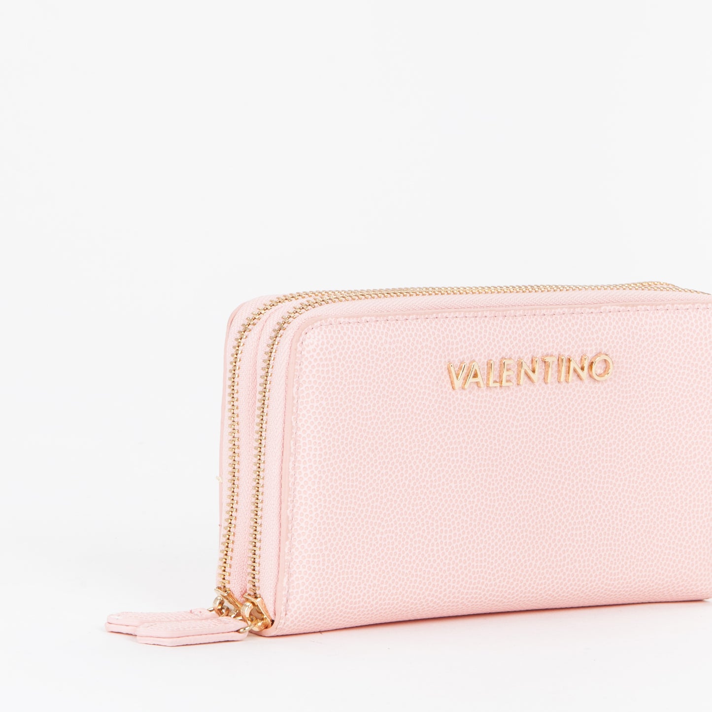 Portefeuille femme zippé grain rose poudré touches dorées