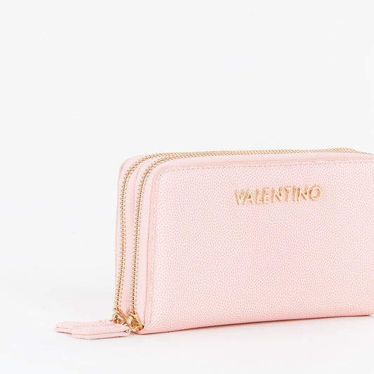 Portefeuille femme zippé grain rose poudré touches dorées