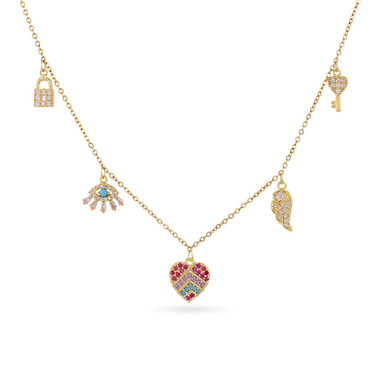 Collier femme acier doré breloques multicolores zirconia