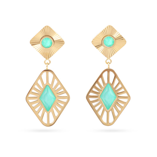 Boucles d'oreilles pendantes femme acier doré pierre verte