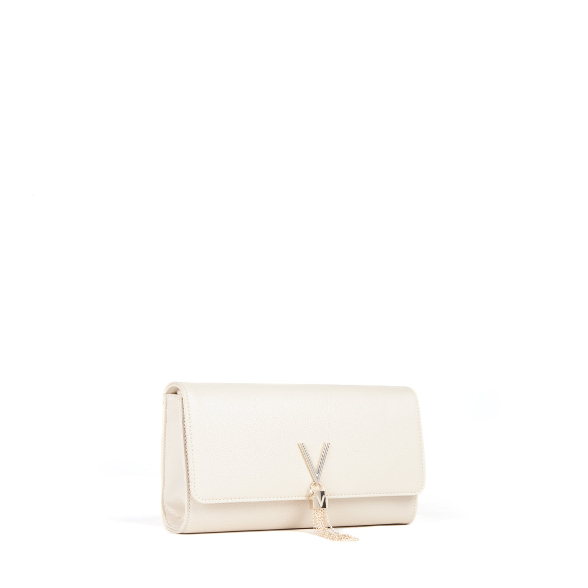 Sac pochette femme beige doré chaîne et breloque