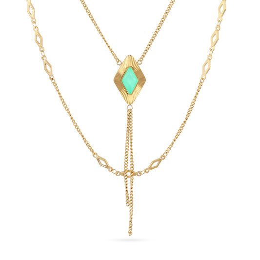 Collier femme acier doré pierre verte losange à franges