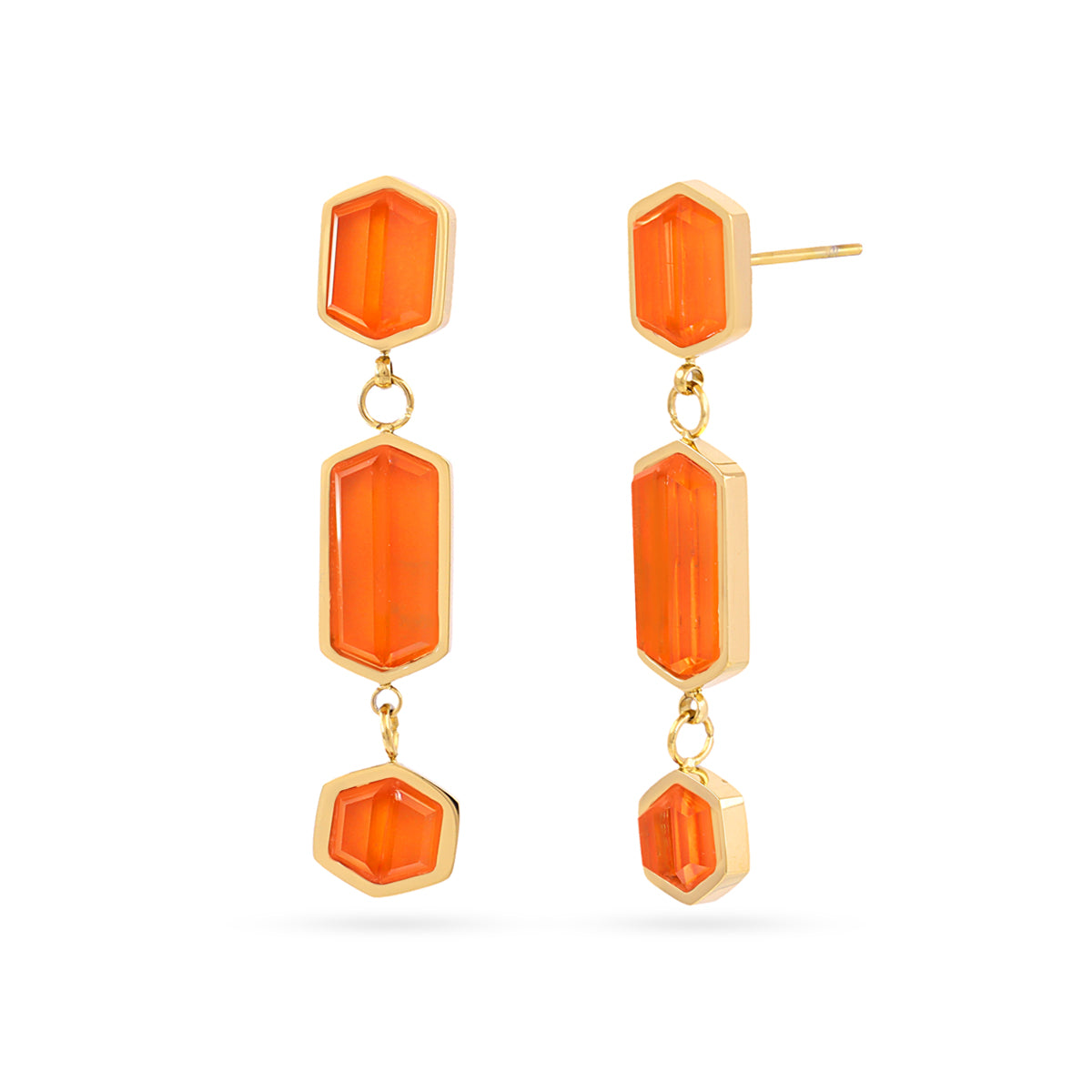 Boucles d'oreilles pendantes femme acier doré pierres orange