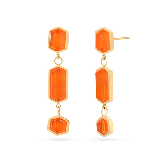 Boucles d'oreilles pendantes femme acier doré pierres orange