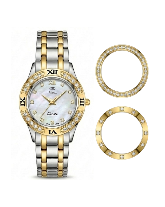 MONTRE DAME SWISS MADE - BRACELET METAL BICOLORE - CADRAN NACRE - 3 LUNETTES INTERCHANGEABLE