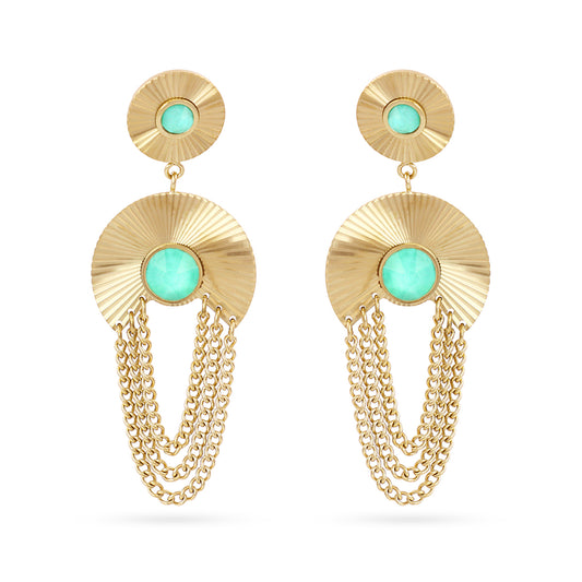 Boucles d'oreilles pendantes femme acier doré pierre verte