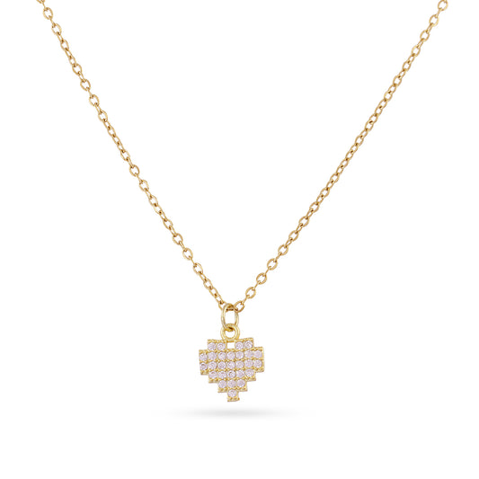 Collier femme acier doré cœur pixel zirconia rose