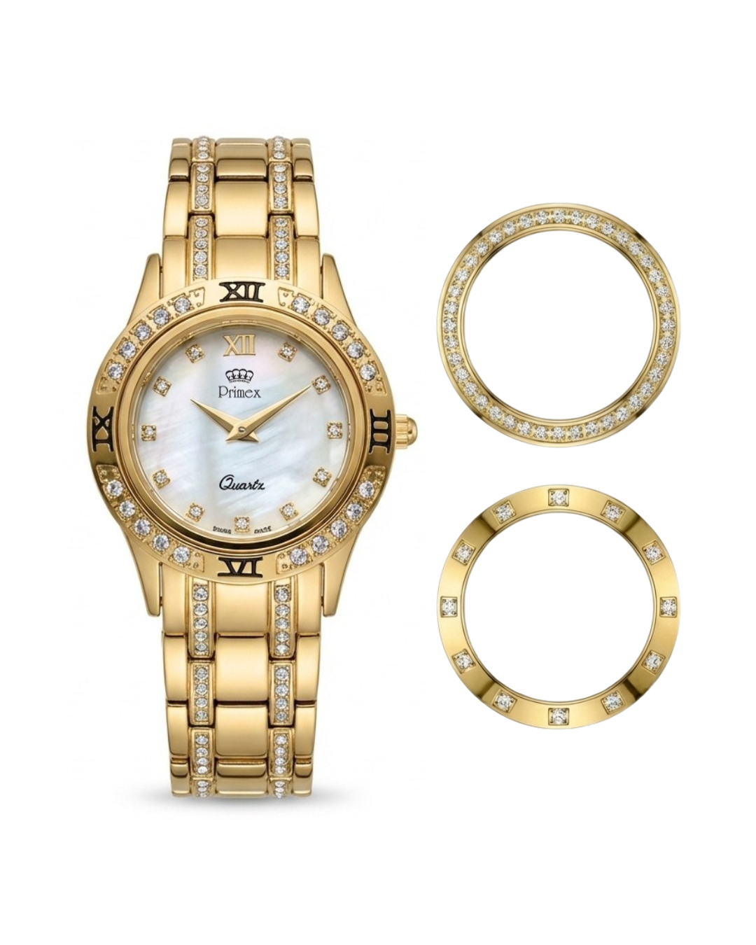 MONTRE DAME SWISS MADE - BRACELET METAL DORE - CADRAN NACRE - 3 LUNETTES INTERCHANGEABLE