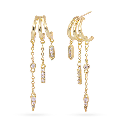 Boucles d'oreilles pendantes femme acier doré multi-chaînes zirconia