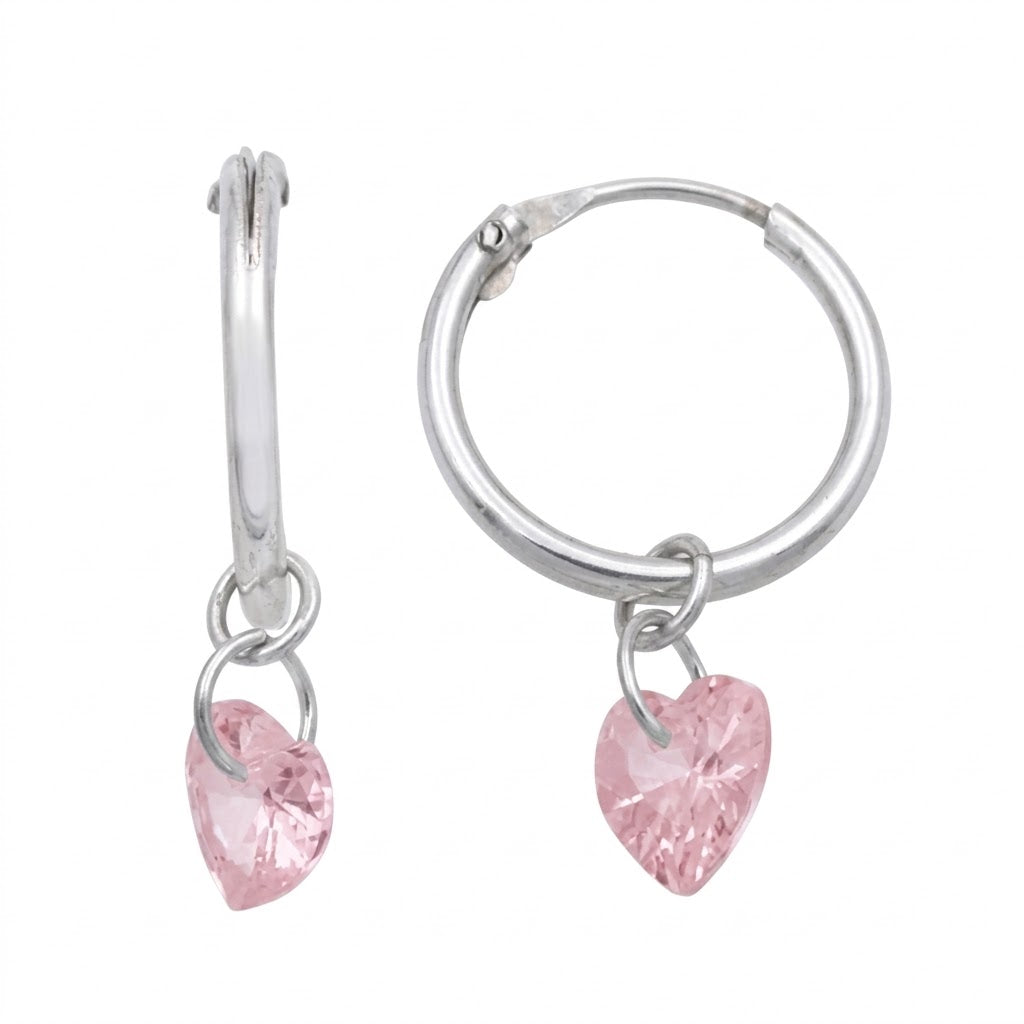 Créoles femme argent rhodié pendentif cœur quartz rose