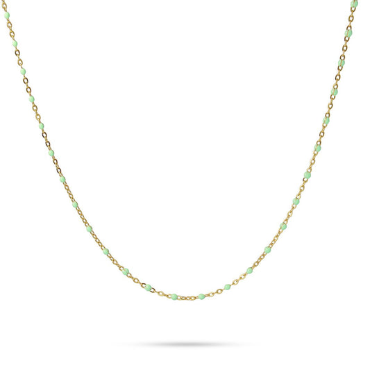 Collier femme acier doré perles émail vert menthe 40cm