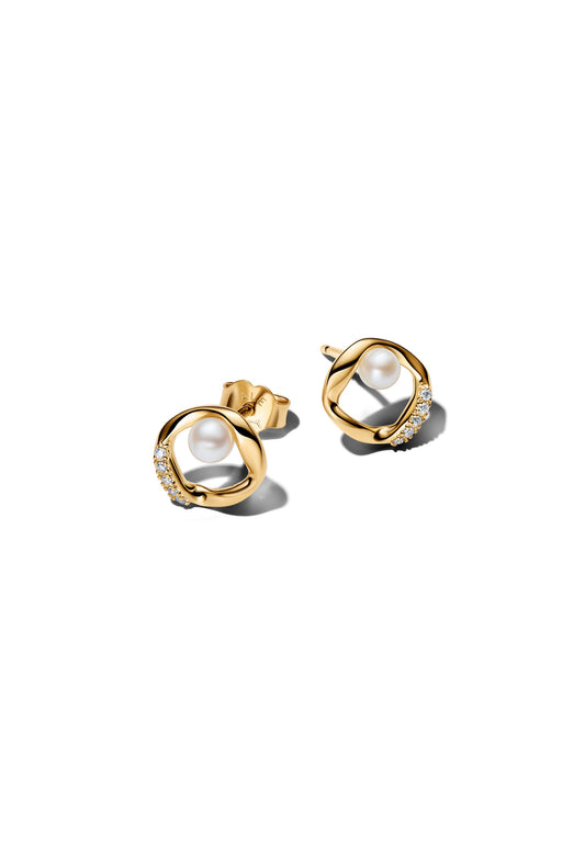 Boucles d'oreilles puces en forme de cercle pavé de forme organique et perles de culture d'eau douce traitées