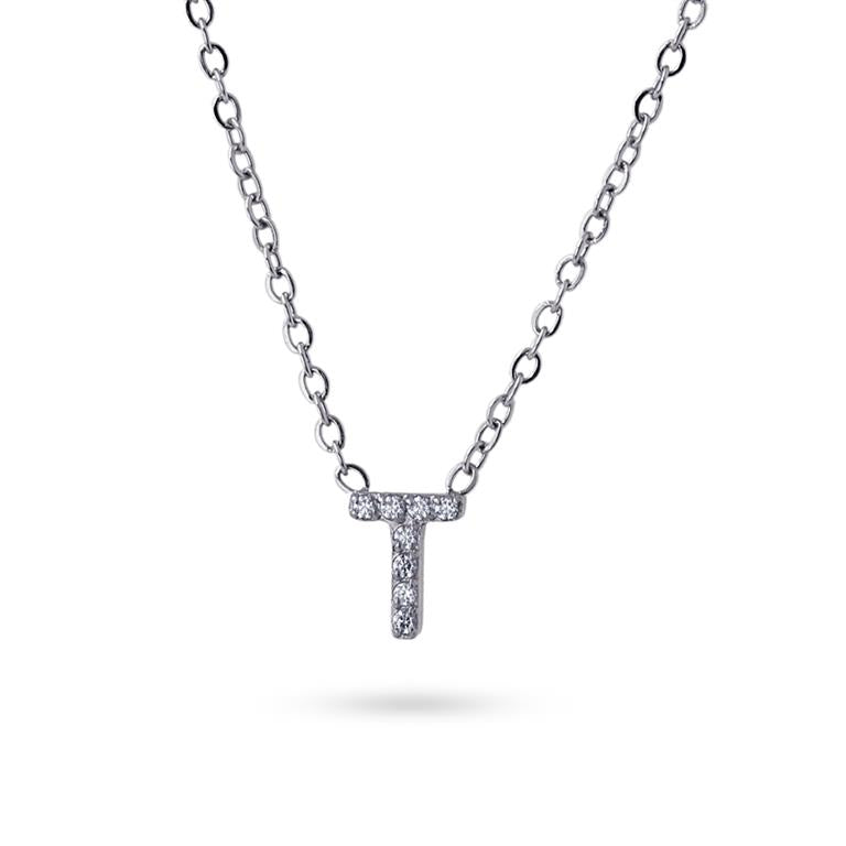 Collier femme acier lettre T zirconia gris 38cm