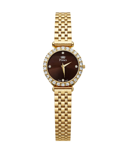 MONTRE DAME SWISS MADE - CARDAN BRUN - BRACELET METAL DORE - ETANCHE 30 METRES