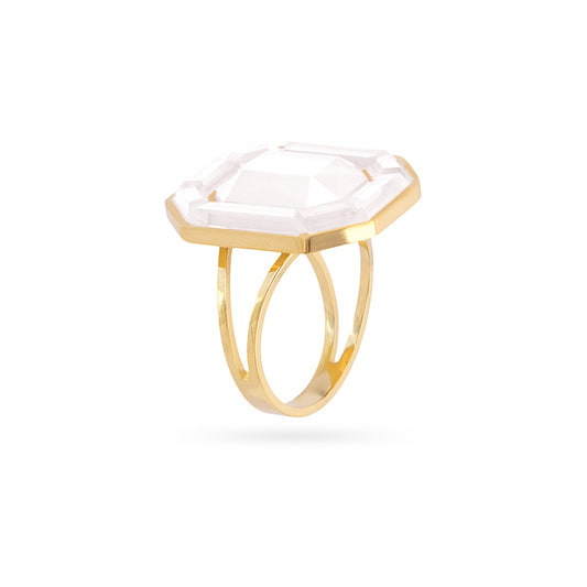 Bague femme acier doré cristal blanc taille émeraude ajustable