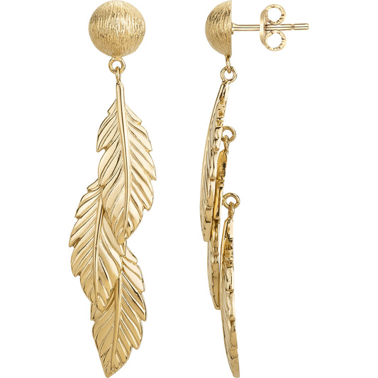 Boucles d'oreilles pendantes femme acier doré motif plume
