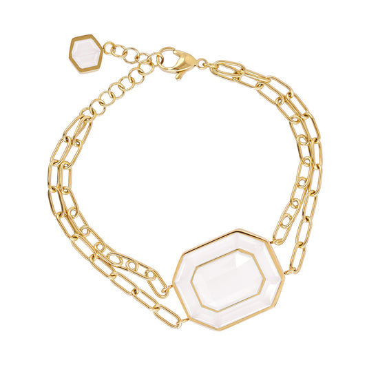 Bracelet femme acier doré pierre synthétique blanche octogonale